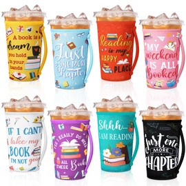Meanplan 8 Pcs Book Club Gifts Bulk Book Lover Gifts Iced Coffee Sleeve for Iced & Hot Drinks Cold Beverage Cooler Compatible Coffee Accessories for Bookworm Teacher Librarian