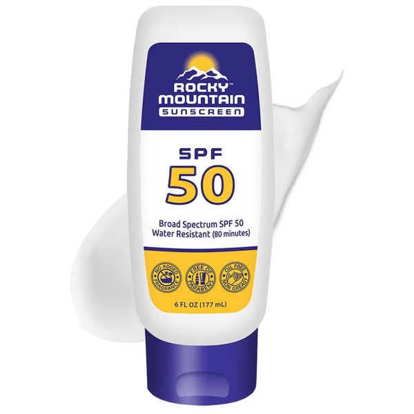 Rocky Mountain Sunscreen SPF 50 Lotion | Broad Spectrum UVA/UVB Protection | Hawaii 104 Reef Act Compliant (Oxybenzone & Octinoxate Free) | Water Resistant 80 Min. | Fragrance Free | 6 Fl Oz