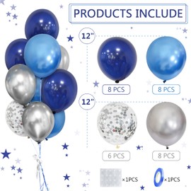 Metallic Blue Silver Balloons, 30 Pack 12 Inch Navy Blue Balloons Metallic Blue Silver Confetti Helium Latex Balloons for Boys Birthday Baby Shower Space Computer Game Theme Party Decorations