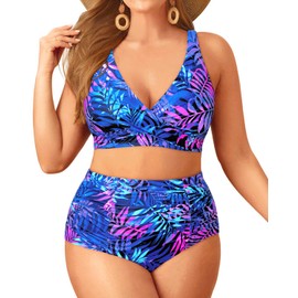 Holipick Two Piece Plus Size Swimsuits for Women High Waisted Bikini Tummy Control Bathing Suits Twist Front Swimwear, Blue Leaves, 16 Plus