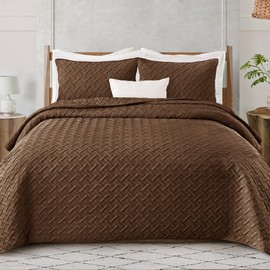 Exclusivo Mezcla Soft Quilt Set King Size, 3 Pieces Lightweight Quilts Brown Bedspreads Coverlets Bedding Set for All Seasons, Weave Pattern