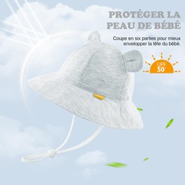 SEYUFN Baby Sun Hat Girls UV Protection 50 Hat Children Boys Summer Bear Ear Hat Toddler Unisex Adjustable Ties Fishing Hat, gray