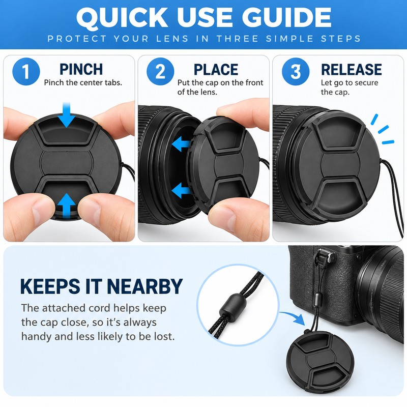 Center Pinch Lens Cap for Camera Lenses – 95mm, 105mm