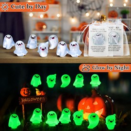 25 Pcs Halloween Pocket Gifts Bulk Glow in The Dark Mini Ghost Figurines with Cards and Bags, Cute Small Gifts for Coworkers, Friends, Party Favors or Classroom Rewards
