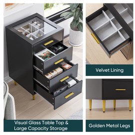 Semiocthome Black Vanity Desk Side Cabinet with Tempered Glass Top and 4 Drawers, Jewelry Watch Display Cabinet with Velvet Lining, Hallway Table Entryway Table Tall Nightstand for Bedroom - Upgrade