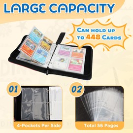 Card Binder 4-Pockets, 448 Cards Holder with 56 Removable Sleeves, 3-Ring Zipper Sports Book Compatible with TCG, MTG and Game Cards, Trading Card Collector Album, Gifts for Boys and Girls