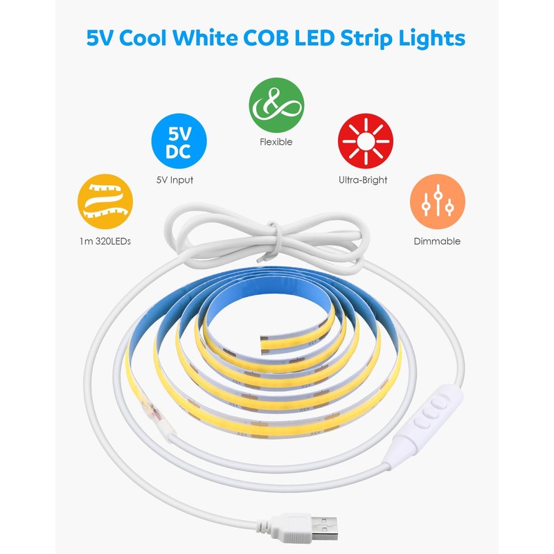 Aclorol USB COB LED Strip Light 1M Dimmable LED TV