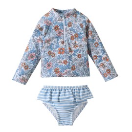 DREAM BUS Toddler Girls Long Sleeve Swimsuit 2 Piece Rashguard Set Sun Protection Baby Girls Bathing Suit Kids Swimwear