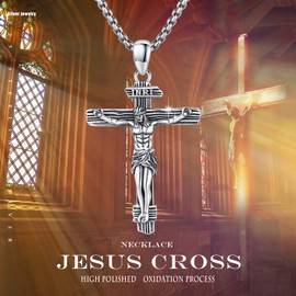 ZIPPICE Crucifix Necklace for Men 925 Sterling Silver Jesus Cross Pendant Necklace with Stainless Steel Chain Amulet Necklace Jewellery Gift for Men Women Teen