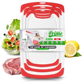 Plastic Cutting Boards for Kitchen, with Grips – Set of 3 Dishwasher-Safe, Non Slip Cutting Board with Juice Groove – Thick, Durable Cutting Boards for Meat and Vegetables by My Prime Kitchen, Red