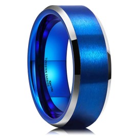King Will Tungsten Rings for Men Wedding Bands 8mm Blue Brushed Center Matte Finish Polished Finish Beveled Edges Comfort Fit 10