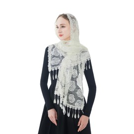 Wgior Rose Rectangular Chapel Veil Scarf Catholic Church Veils Mantilla Wrap Shawl Mass Head Covering (Ivory)