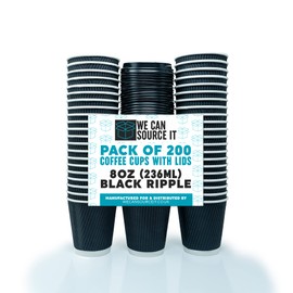We Can Source It Ltd – 8oz Disposable Kraft Ripple Paper Cups with Black Lids – Insulated Black Paper Cups with 3 Ply Construction – 100% Compostable – for Tea, Coffee, Hot Drinks– 200Pc
