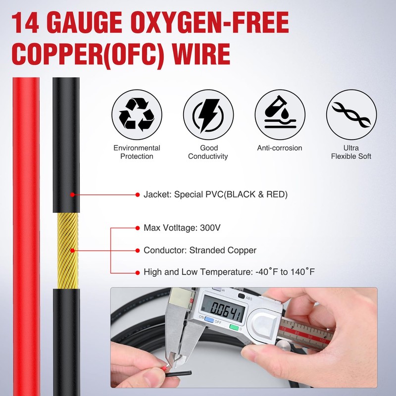 Nilight 30FT 14AWG Oxygen-Free Copper Wire Red Black Electrical Stranded
