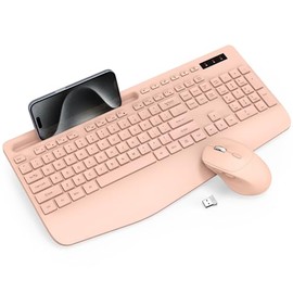 Wireless Keyboard and Mouse Combo - Full-Sized Ergonomic Keyboard with Wrist Rest, Phone Holder, Sleep Mode, Silent 2.4GHz Cordless Keyboards Mice Set for Computer, Laptop, PC, Mac, Windows (Pink)