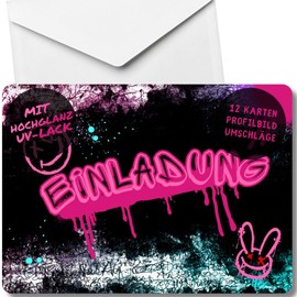 celebr8te 12 x Graffiti Invitation Cards – For Girls' Children's Birthday – Pink Neon Graffiti Birthday Invitations + 12 Stickers + 12 Gift Bags