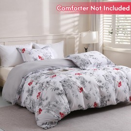 LONAVA King Size 3 Pieces Printed Duvet Cover Set, (Crimson Whisper,Light Grey) 1 Lightweight Flower Duvet Cover with Zipper Closure and 2 Pillowcases,Premium Soft Microfiber (No Comforter)