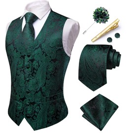 Hi-Tie Men's Dark Green Waistcoat Paisley Jacquard Necktie Set Silk Formal Suit Waistcoat Pocket Square Set for Wedding