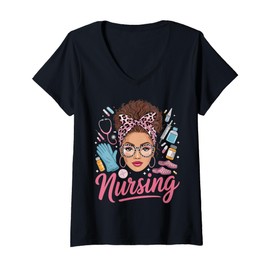 Womens Black Melanin Nurse Afro Hair Pride Nursing Gifts for Women V-Neck T-Shirt