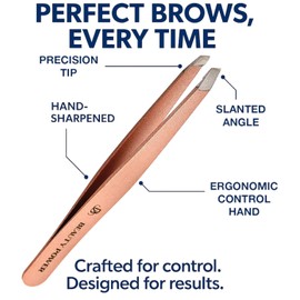 Beauty Power Slant Tip Tweezers - Stainless Steel Eyebrow Tweezers for Women & Men - Precision Tweezers for Facial Hair, Ingrown Hair & Brow Shaping - Professional Beauty Tool (Rose Gold)