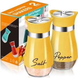 Salt and Pepper Shakers Set,4 oz Glass Bottom Salt Pepper Shaker with Stainless Steel Lid for Kitchen Cooking Table, RV, Camp,BBQ Refillable Design (Yellow)