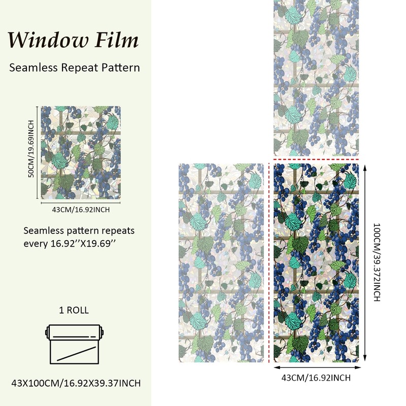 funlife Watercolor Static Cling Privacy Window Film, Grape Trellis 16.92"