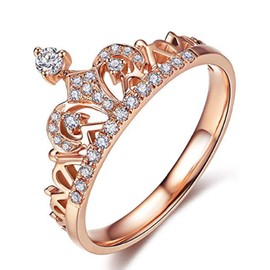 Lzz 18K rose gold gold plated transparent exquisite princess queen crown headdress ring compact round cut white cubic zirconia diamond accent fashion promise ring size 5-10 (US code 6)
