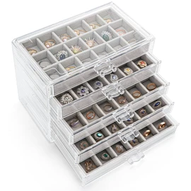 Jucoan Clear Acrylic Rock Display Case, 5 Layer 90 Grids Rock Collection Case with Adjustable Velvet Insert, Mineral Gemstone Storage Organizer Box for Kids Crystals, Rocks Collection