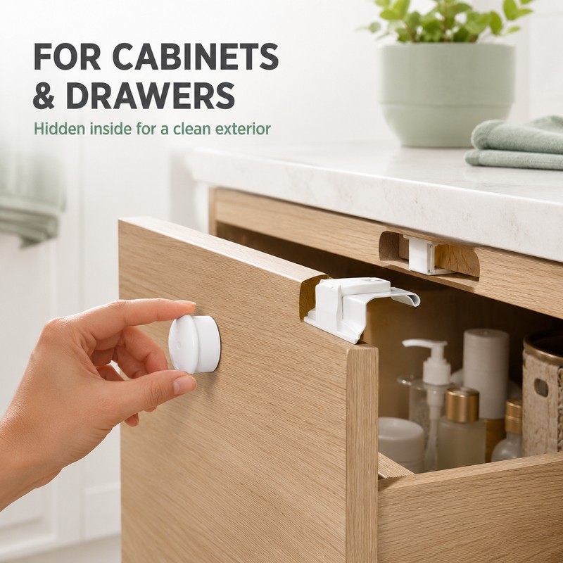 Invisible Magnetic Cabinet Safety Lock with Adhesive Mount & Key
