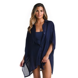 La Blanca Women's Camp Shirt Swimsuit Cover Up, Indigo//Shadow Stripe, One Size