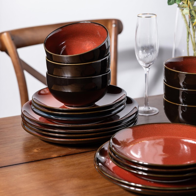 LeRatio Ceramic Dinnerware Sets for 6,Stoneware Plates and Bowls Sets,Handmade