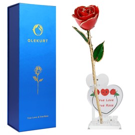OLEKURT Valentines 24K Gold Roses, Birthday Gift for Wife - Gold Dipped Real Rose Idea Gifts for Anniversary Valentines Day Mothers Day (Red Rose with Love Stand)