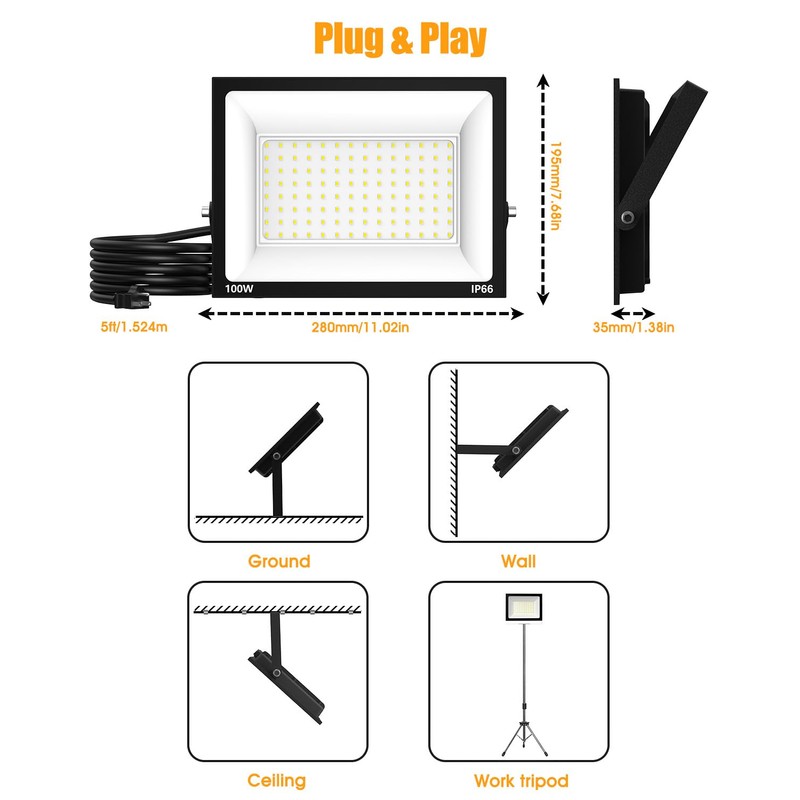 Zelvia LED Flood Lights Outdoor for Yard Work -100W 10000lm