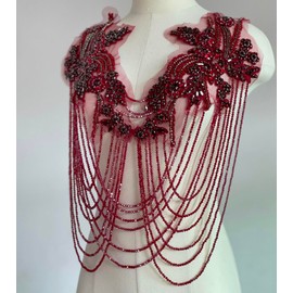 JRYYR Handmade Tassel Rhinestone Applique,Rhinestone Bodice Applique,Burgundy Rhinestone Applique for Dress Wedding Clothing Accessory Applique、Patch (Burgundy)