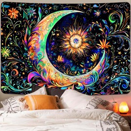 Invoibler Blacklight UV Reactive Tapestry - Mandala Moon Sun Bohemian Aesthetic Boho Wall Hanging for Bedroom (70.9 x 92.5 inches)