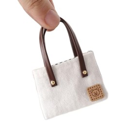 Mos kevin Miniature Canvas Tote Bag with Leather Handles, White, Bear Patch Design, 2.87x1.96x1.37 Inch, for Dollhouse Accessories