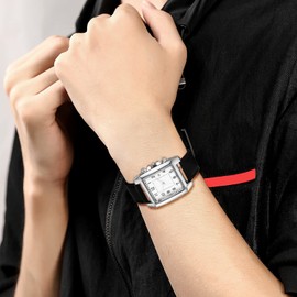 JewelryWe Mens Wristwatch:Black Brown Leather Square Quartz Analog Calendar Watch Business Casual Dress Watch