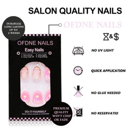 Flower Press on Nails Short Oval OFDNE Fake Nails False Nails with Designs Pink Floral Stars Full Cover Glossy Glue on Nails Stick on Nails Acrylic Nails for Women Girls 24 Pcs