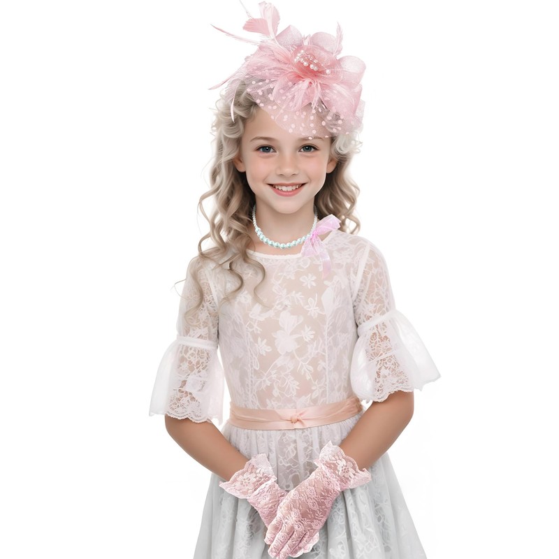 Girls Tea Party Fascinators Hats Lace Gloves Pearl Necklace Set