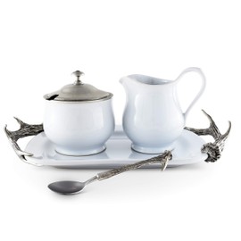 Vagabond House Stoneware Creamer Set with Pewter Antler Handles Tray 5 Pieces creamer pitcher, lidded sugar bowl, decorative handle sugar spoon 12.25 inch Long Tray