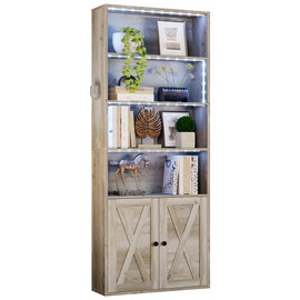 IRONCK Tall Bookcase with LED Lights, 70 in Industrial Bookshelf Display Shelf Floor Standing for Home Office, Living Room, Bed Room