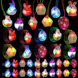 Atonofun Easter Party Favors for Kids Light Up Easter Egg Fillers 40 Pack Easter Egg Basket Stuffers LED Toys Flashing Necklaces Bracelets Rings Glow in the Dark Easter Gifts for Teens Boys Girls Kid