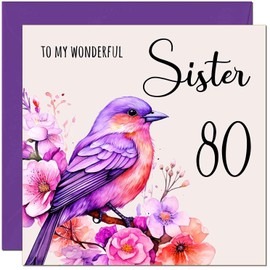 80th Sister Birthday Card - Purple Watercolour Bird Sister's Birthday Card for 80 Year old Eighty Eightieth