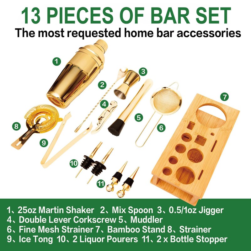 Cocktail Shaker Set Bartender Kit with Bamboo Stand,13 Piece Bar