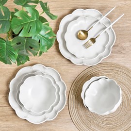 Sango Bethany 12-Piece Stoneware Dinnerware Set – Service for 4, Elegant White with Scallop Design, Perfect for Everyday Dining & Entertainment, Microwave & Dishwasher Safe