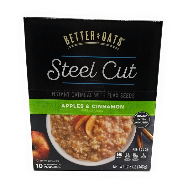 Better Oats Steel Cut Oats with Flax, Apples and Cinnamon, 10 Pouches (Pack of 2)
