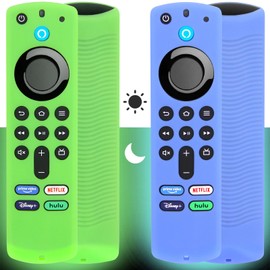 PINOWU [2 Pack] Pinowu Firestick Remote Cover Case (Glow in The Dark) Compatible with Firetv Stick Alexa Voice Remote 3rd Gen, Silicone Sleeve with Wrist Strap (Green & Blue)