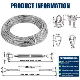 hannger 1/4" Stainless Steel Aircraft Cable 100ft Wire Rope with 2 Turnbuckle, Wire Rope Clamp & Thimble, 7X 19 Strands Marine Grade Stainless Steel Cable, 6400lbs Breaking Strength