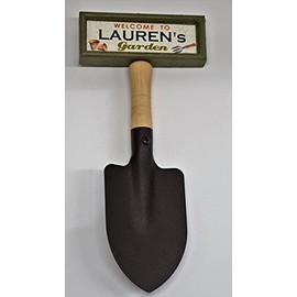 "Welcome to Lauren's garden" hanging shovel sign