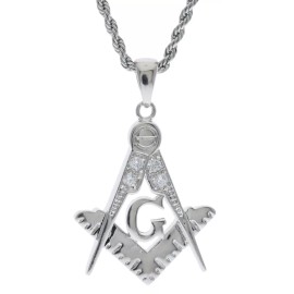 Masonic Square 4 Cz Stone Pendant 22" 2mm 18K Stainless Steel Rope Chain D-6